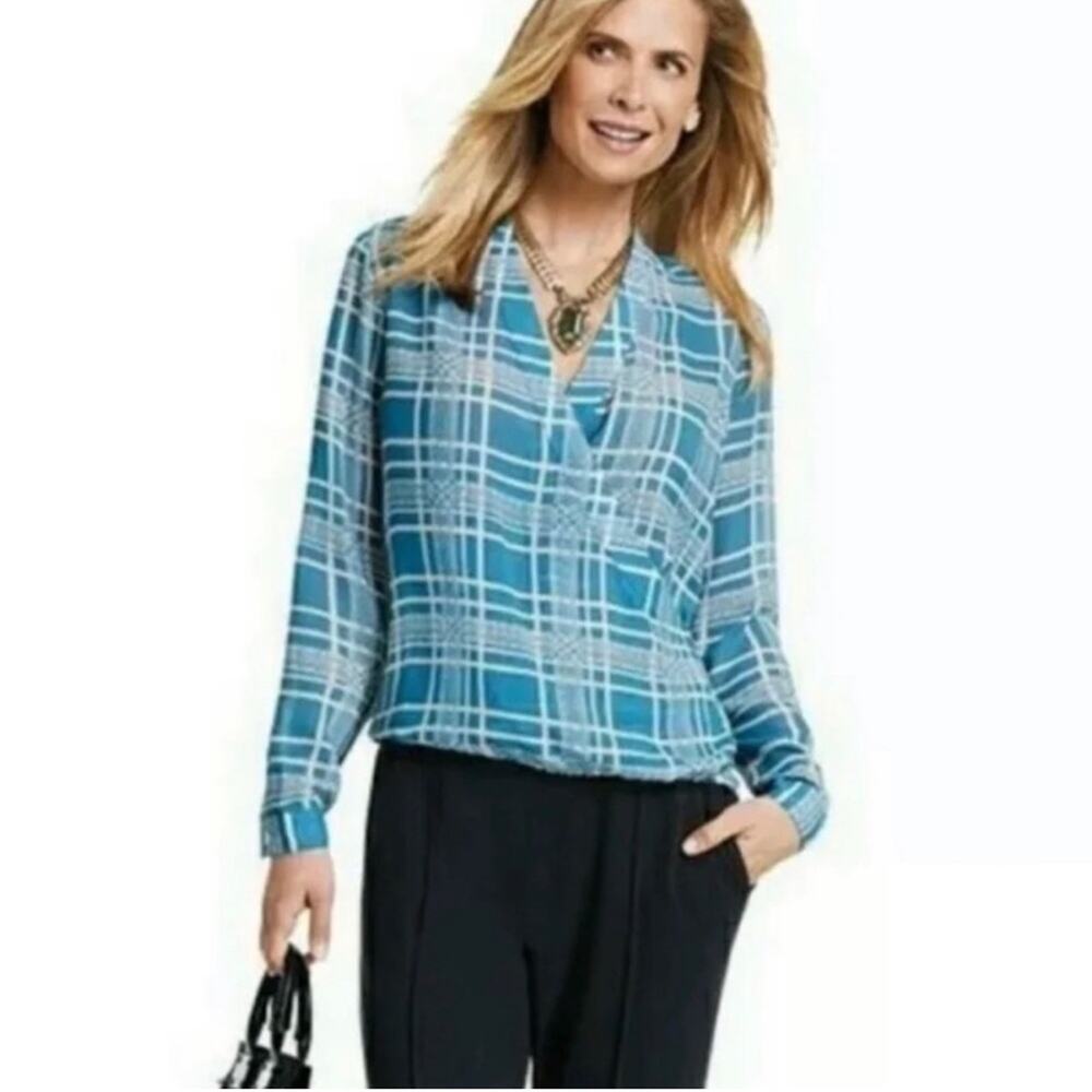Cabi Windowpane blue white plaid‎ wrap top size Medium #3068